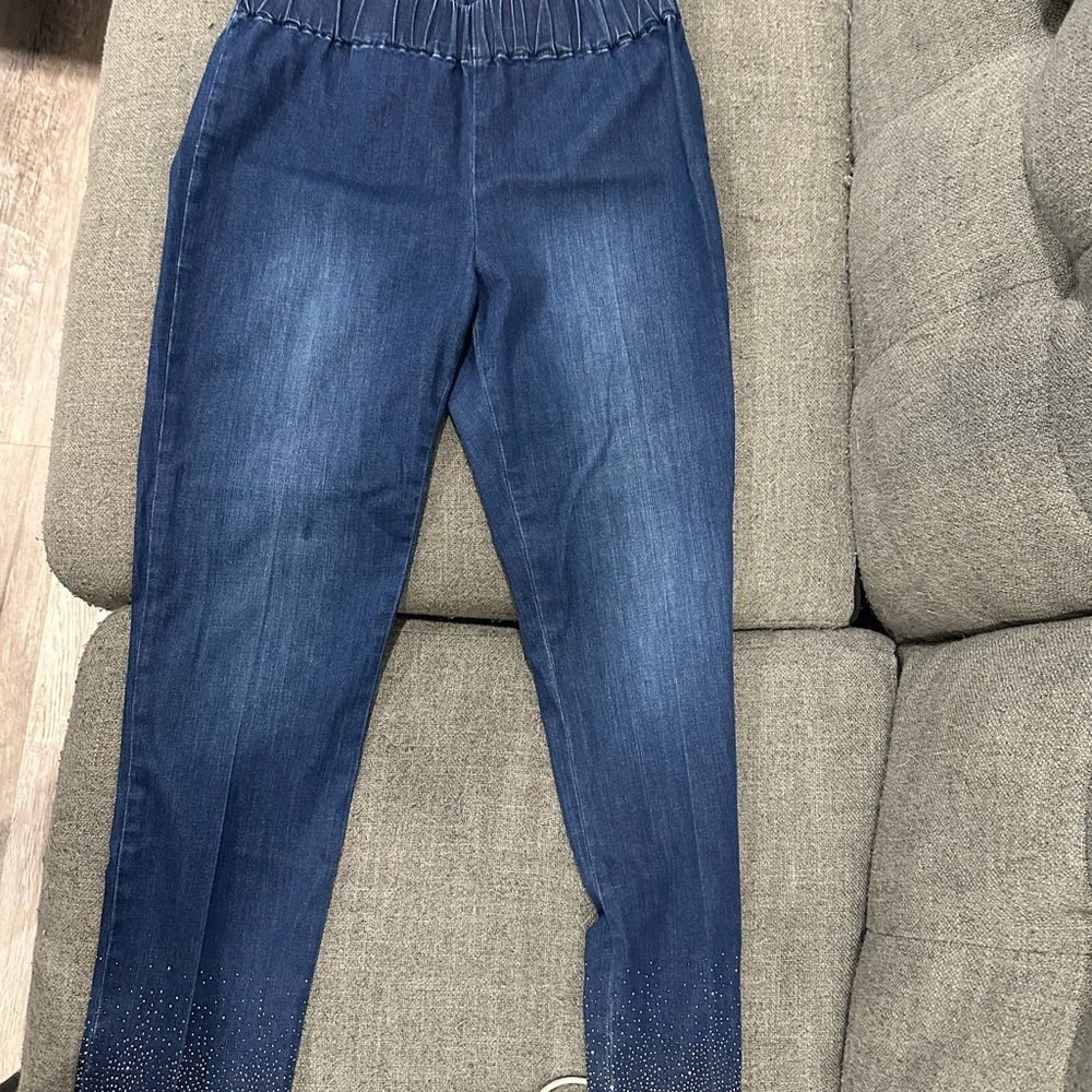 Soft Surroundings Dark Blue Jeans with Embellished Hem